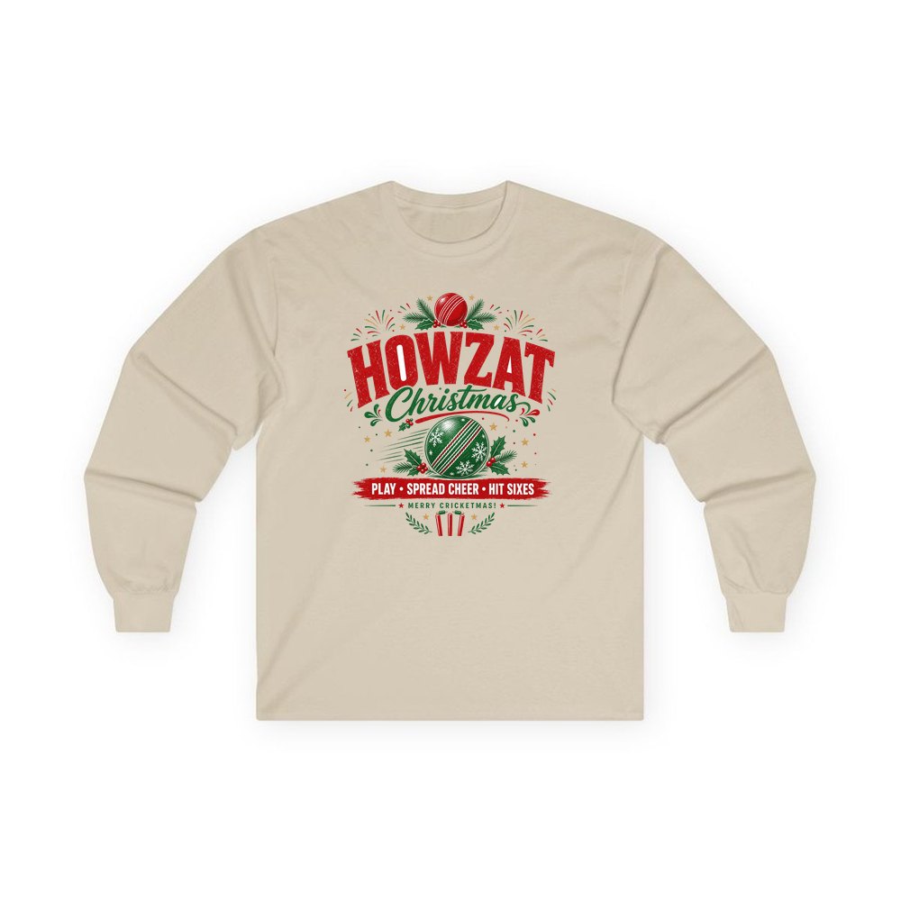 Howzat Cricket Christmas personalised long sleeve Christmas T-shirt in sand