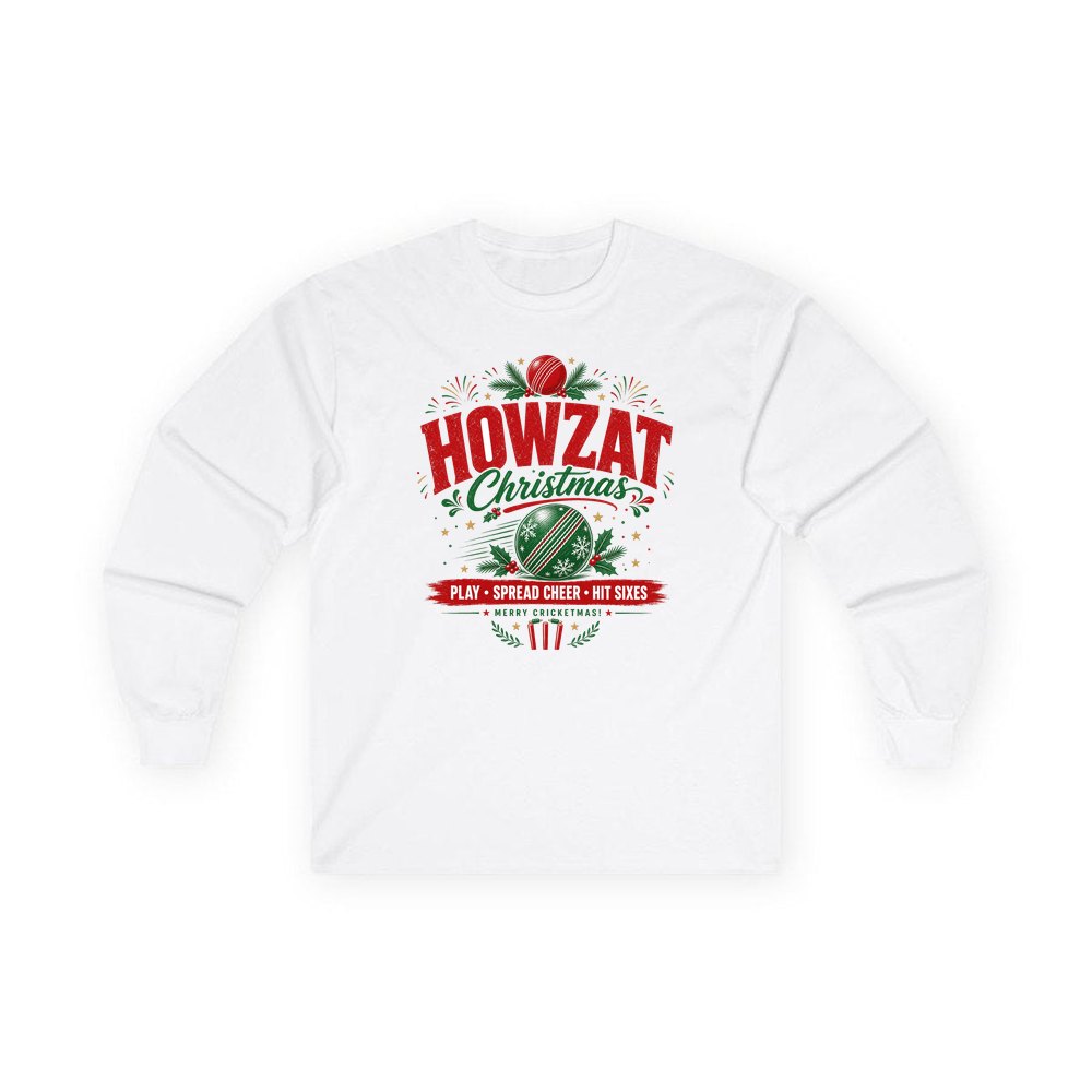 Howzat Cricket Christmas personalised long sleeve Christmas T-shirt in white