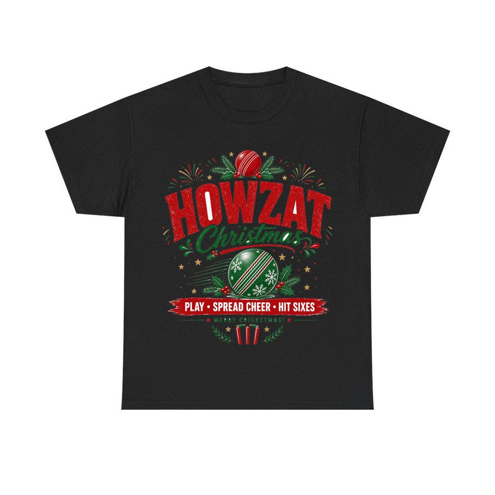 Howzat Cricket Christmas personalised Christmas T-shirt in black