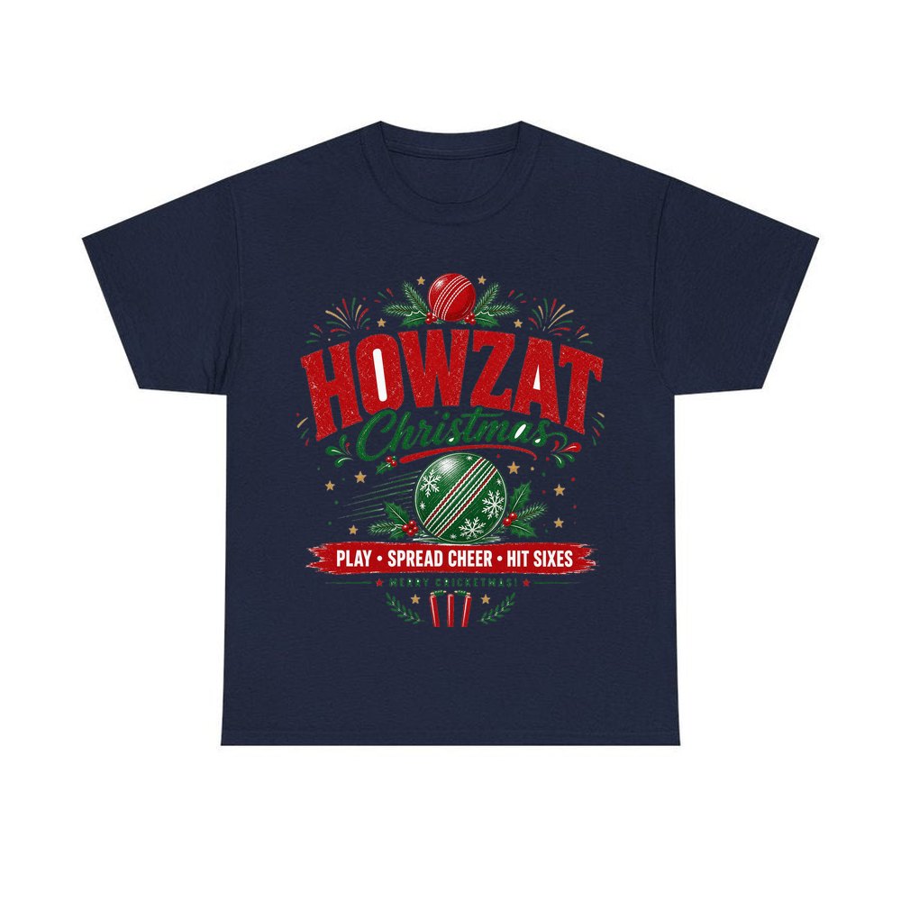 Howzat Cricket Christmas personalised Christmas T-shirt in navy