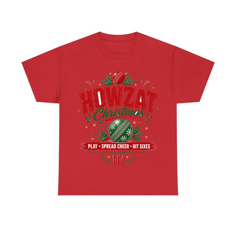 Howzat Cricket Christmas personalised Christmas T-shirt in red