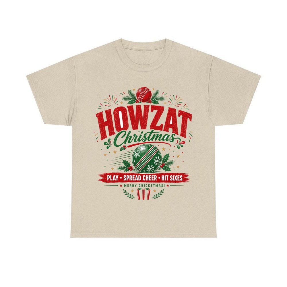 Howzat Cricket Christmas personalised Christmas T-shirt in sand