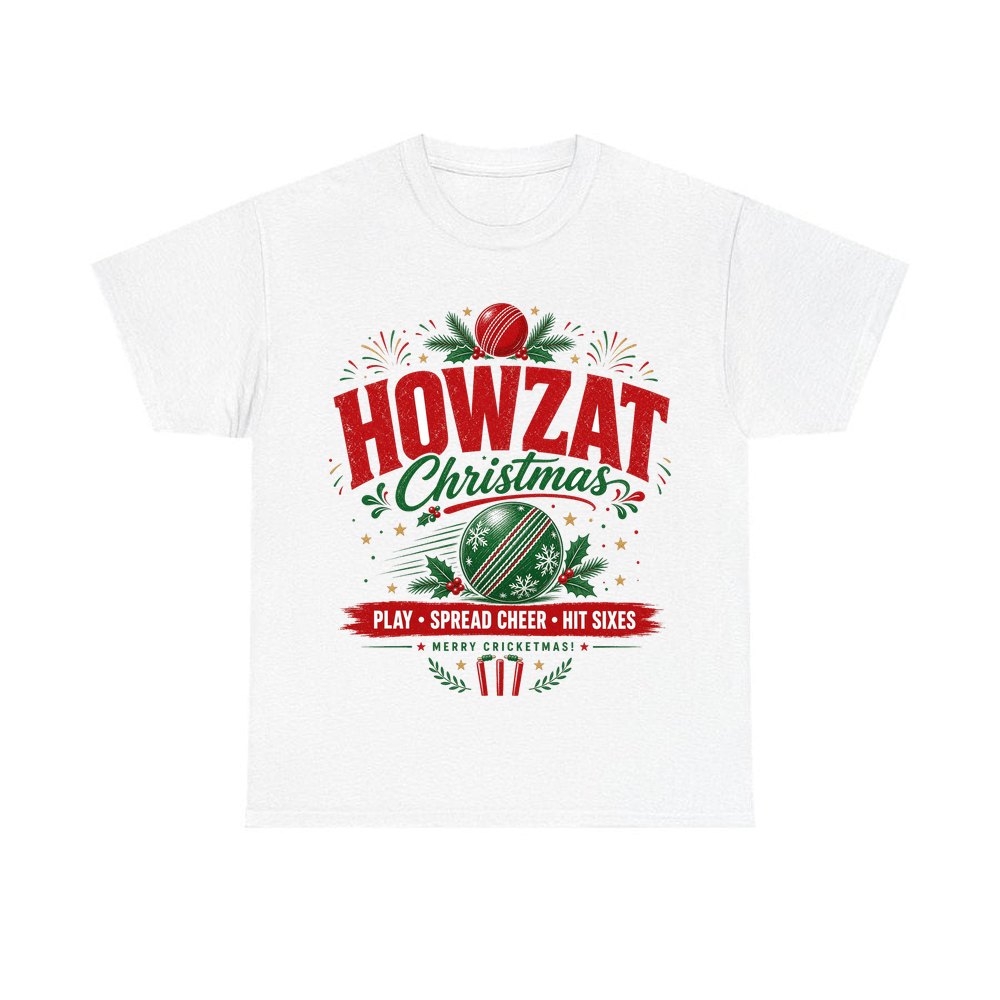 Howzat Cricket Christmas personalised Christmas T-shirt in white