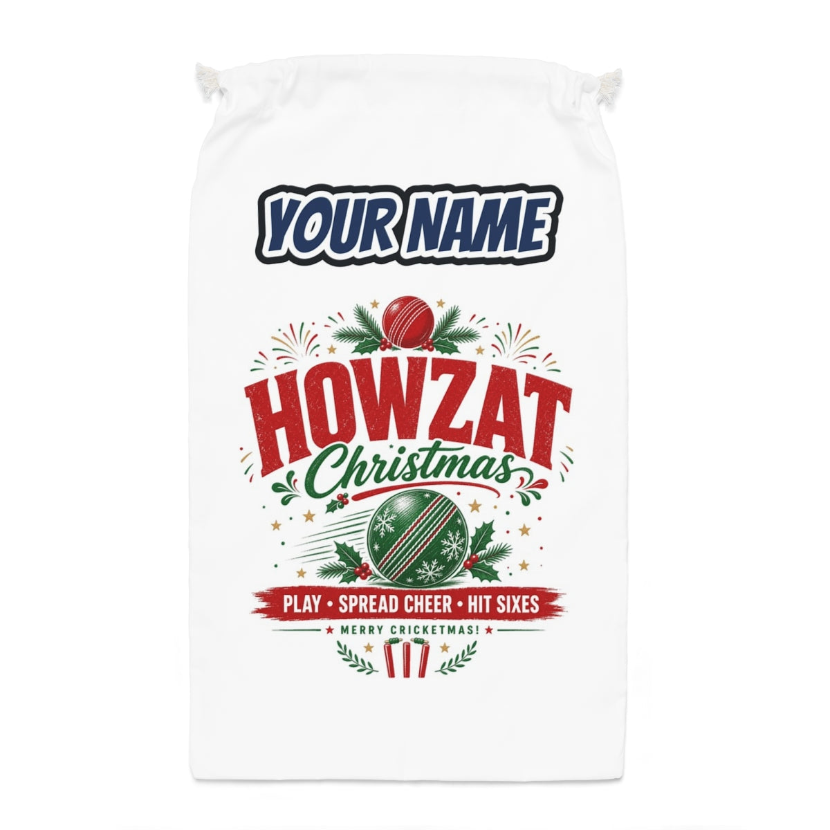 Howzat Cricket Christmas Santa sack laid flat, showing the full print