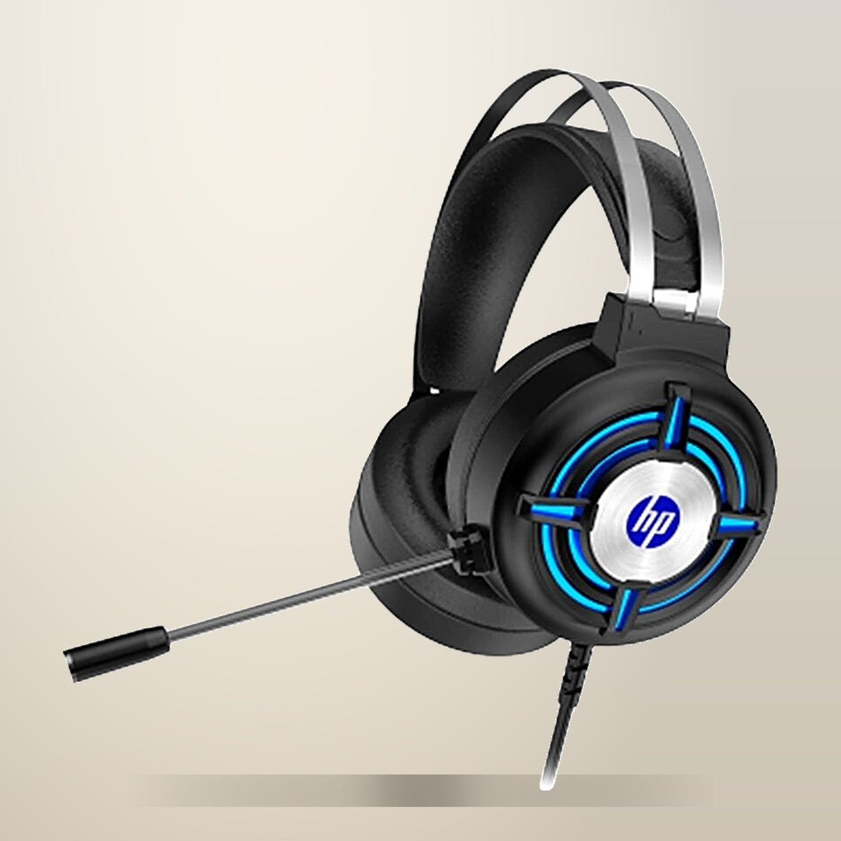 HP H120 Gaming Headset with Mic, on a plain cream background