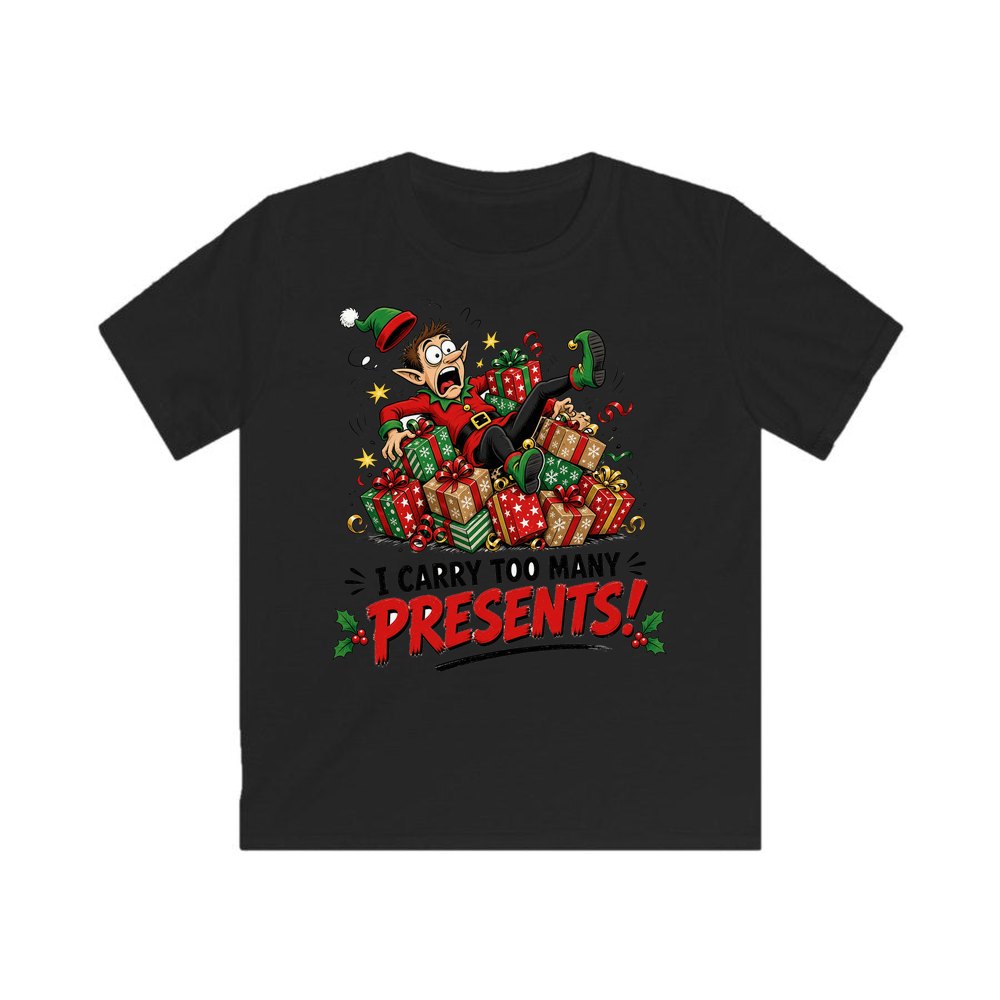 I Carry Too Many Presents personalised kids Christmas tee in black