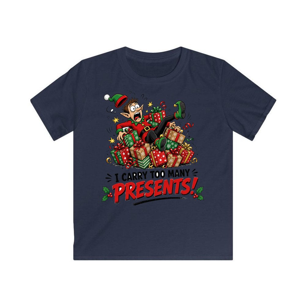 I Carry Too Many Presents personalised kids Christmas tee in navy