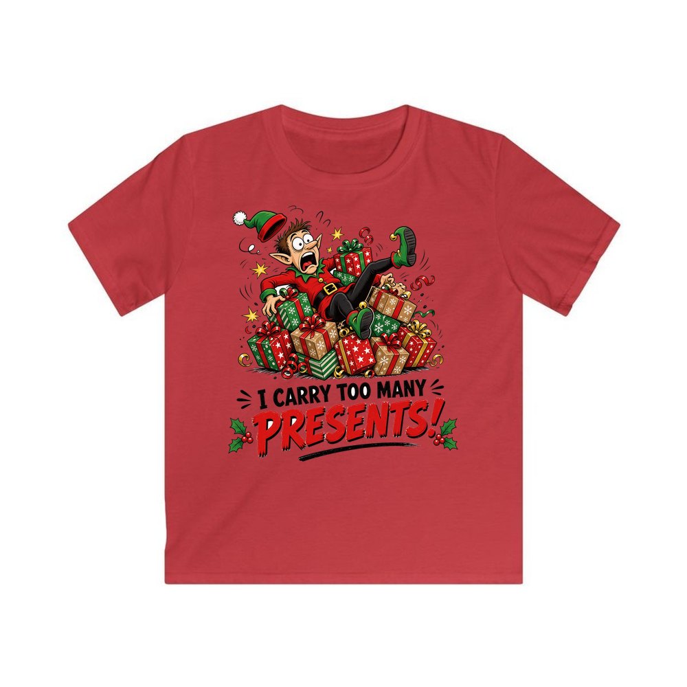I Carry Too Many Presents personalised kids Christmas tee in red