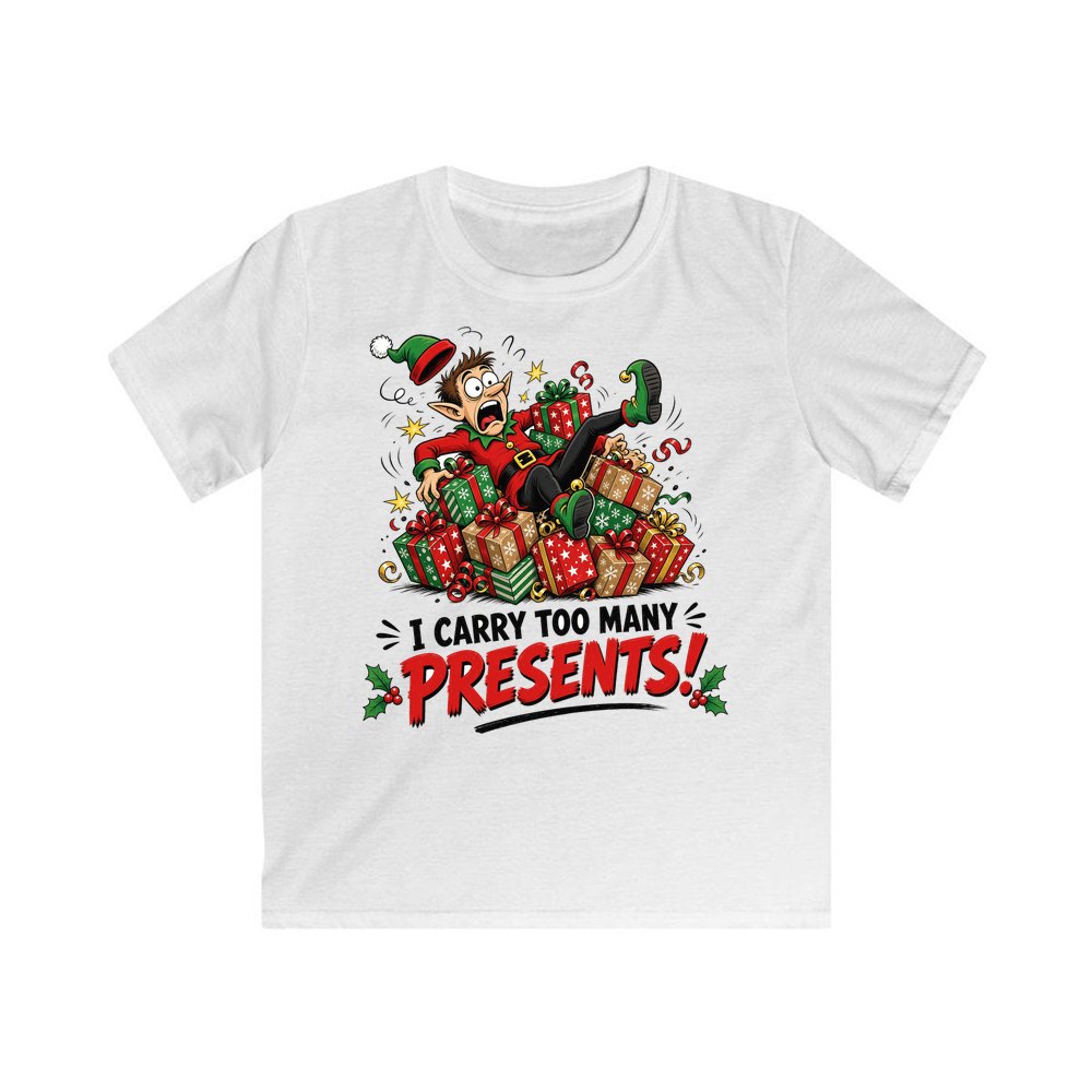 I Carry Too Many Presents personalised kids Christmas tee in white