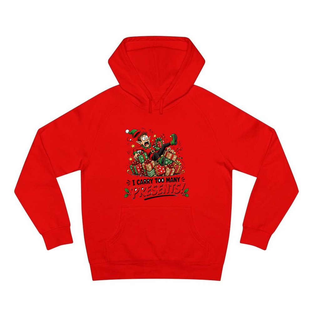 I Carry Too Many Presents personalised Christmas hoodie in red