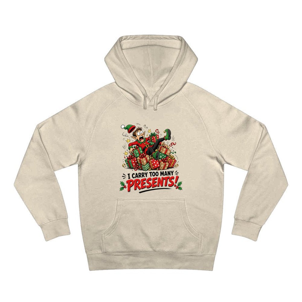 I Carry Too Many Presents personalised Christmas hoodie in sand