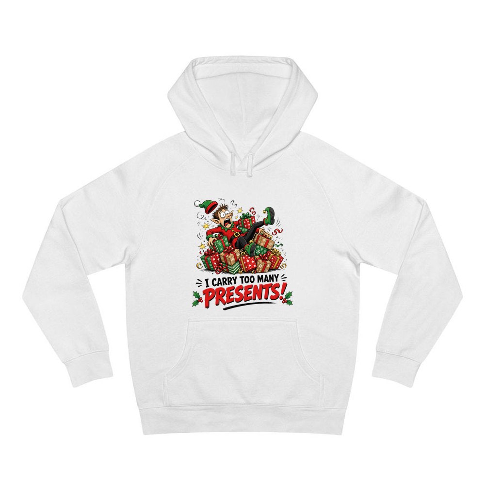 I Carry Too Many Presents personalised Christmas hoodie in white