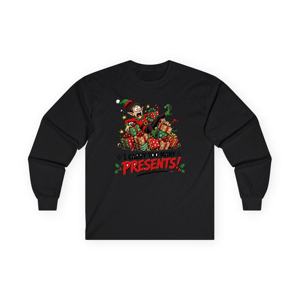I Carry Too Many Presents personalised long sleeve Christmas T-shirt in black