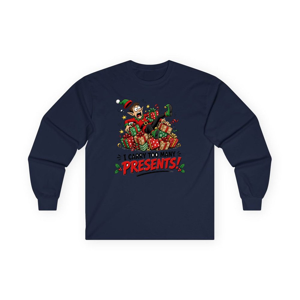 I Carry Too Many Presents personalised long sleeve Christmas T-shirt in navy