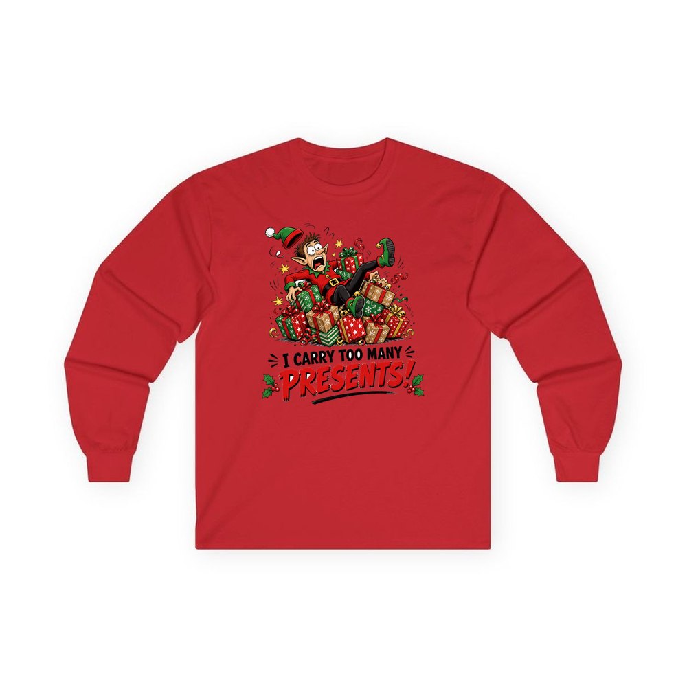 I Carry Too Many Presents personalised long sleeve Christmas T-shirt in red