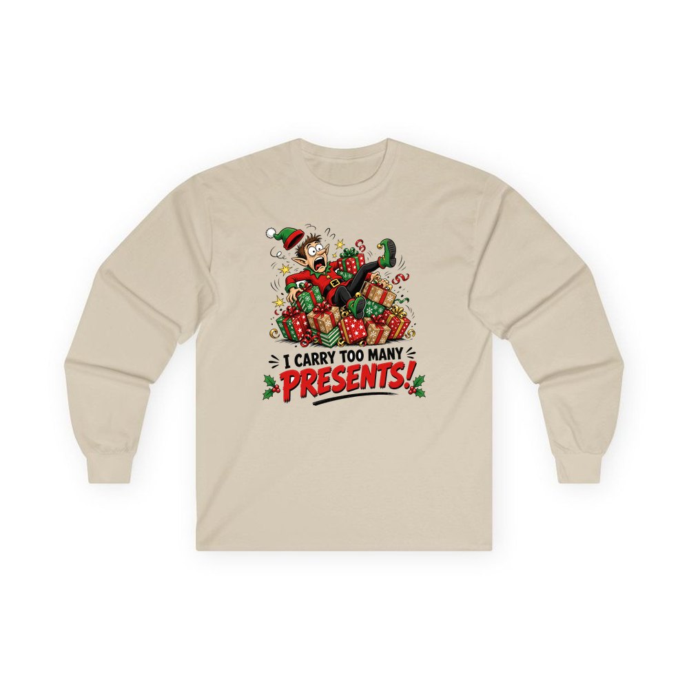I Carry Too Many Presents personalised long sleeve Christmas T-shirt in sand