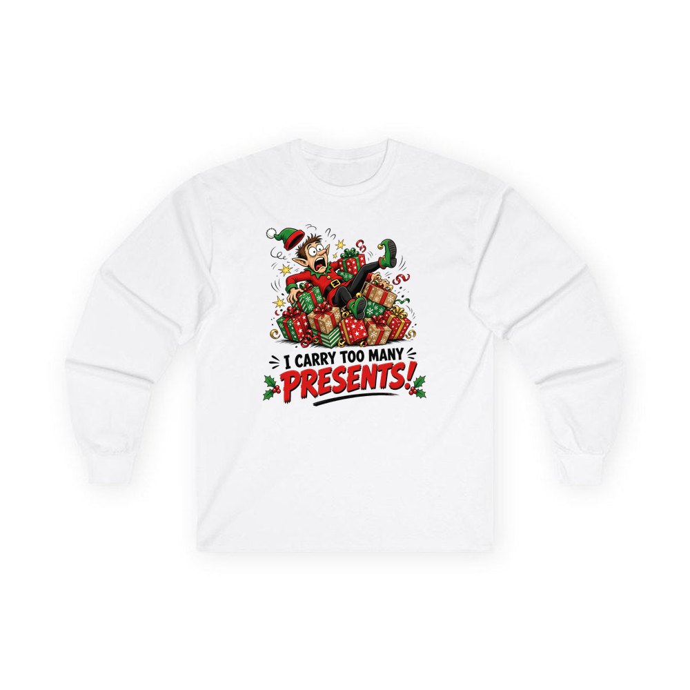 I Carry Too Many Presents personalised long sleeve Christmas T-shirt in white
