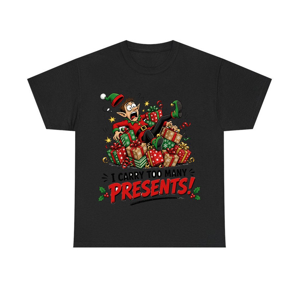 I Carry Too Many Presents personalised Christmas T-shirt in black