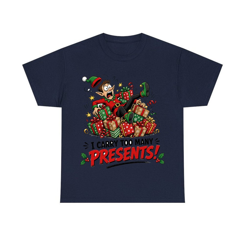 I Carry Too Many Presents personalised Christmas T-shirt in navy