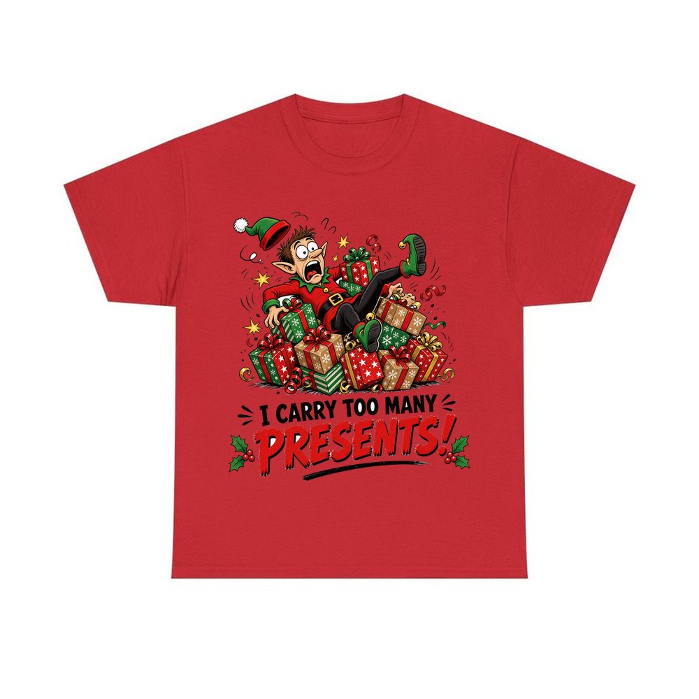 I Carry Too Many Presents personalised Christmas T-shirt in red