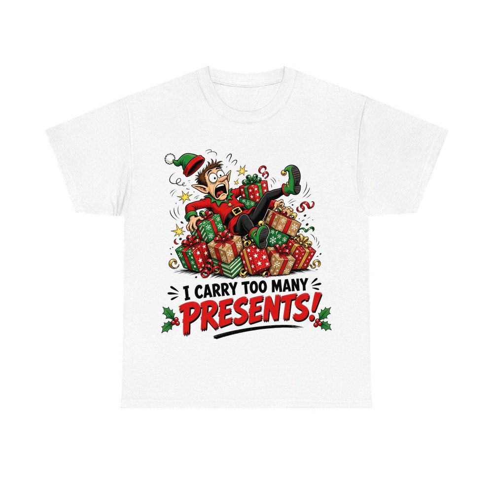 I Carry Too Many Presents personalised Christmas T-shirt in white