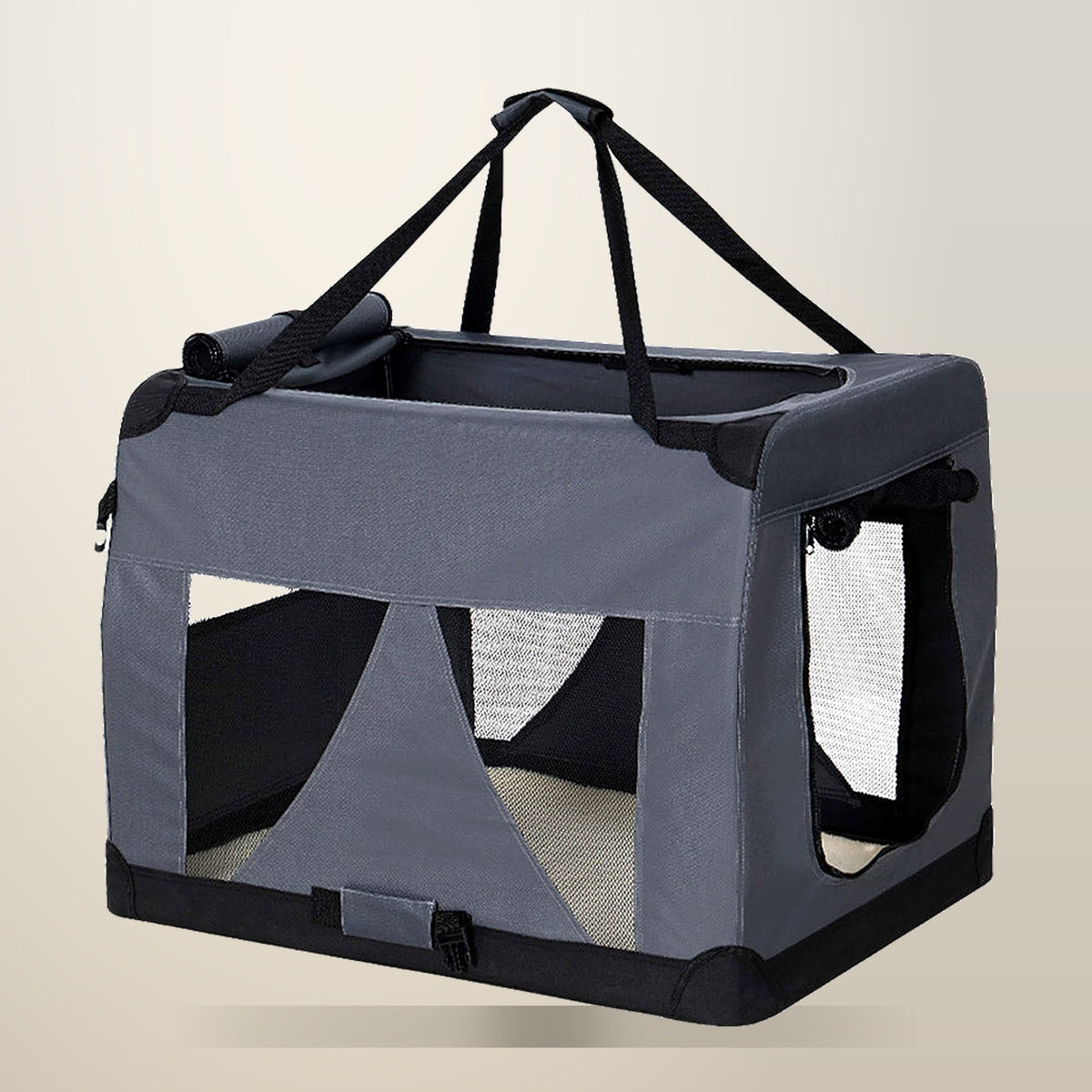 i.Pet Soft Pet Carrier Crate, 121 x 80 cm, Grey, on a plain cream background