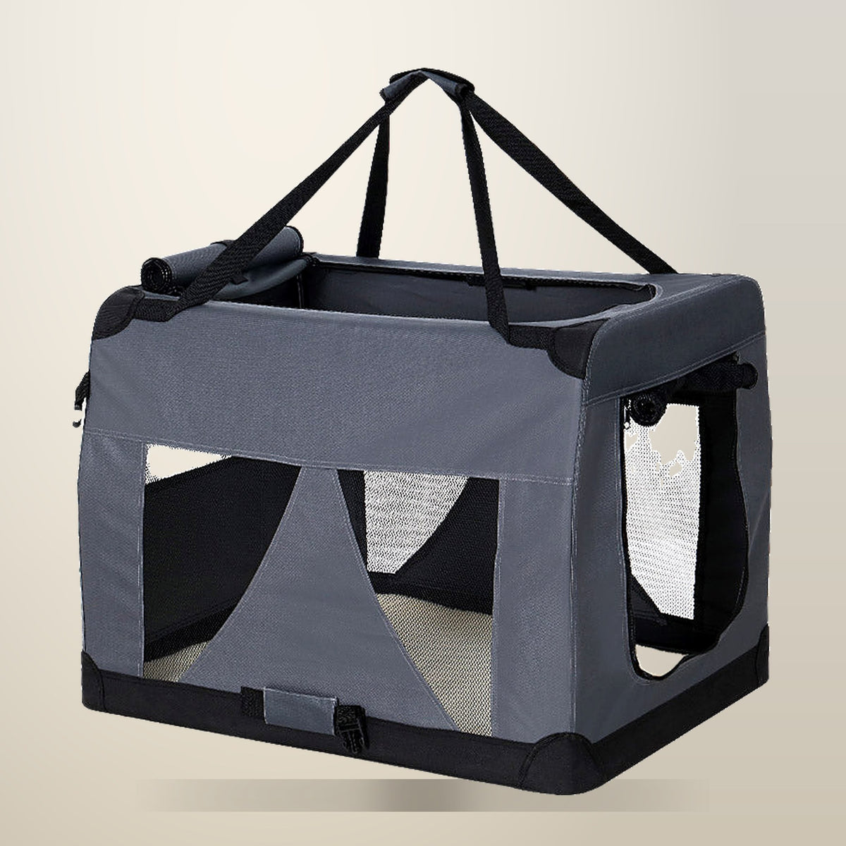 i.Pet Soft Pet Carrier Crate, 60 x 42 cm, Grey, on a plain cream background