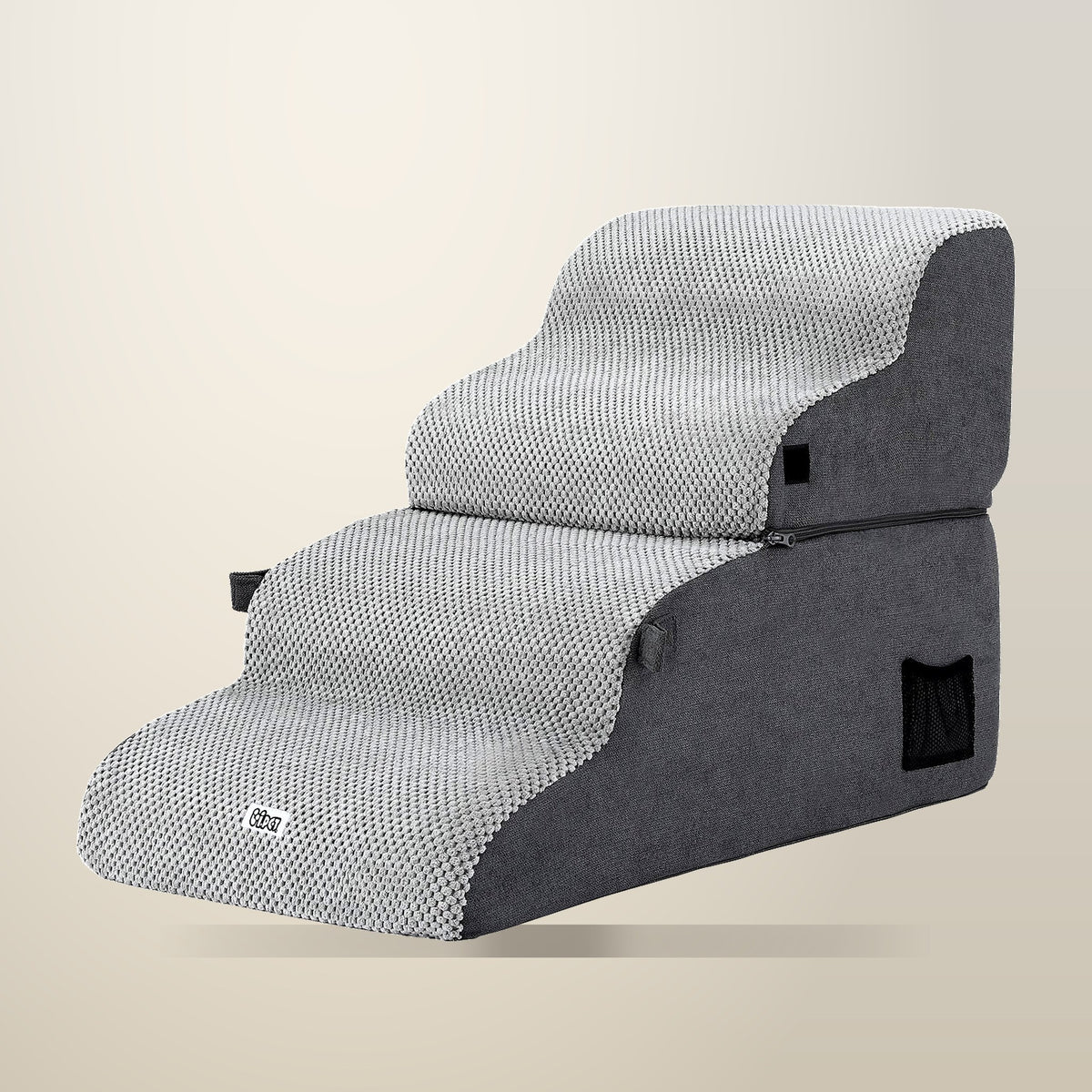 i.Pet Dog Stairs and Bed, 2 in 1, Grey, on a plain cream background