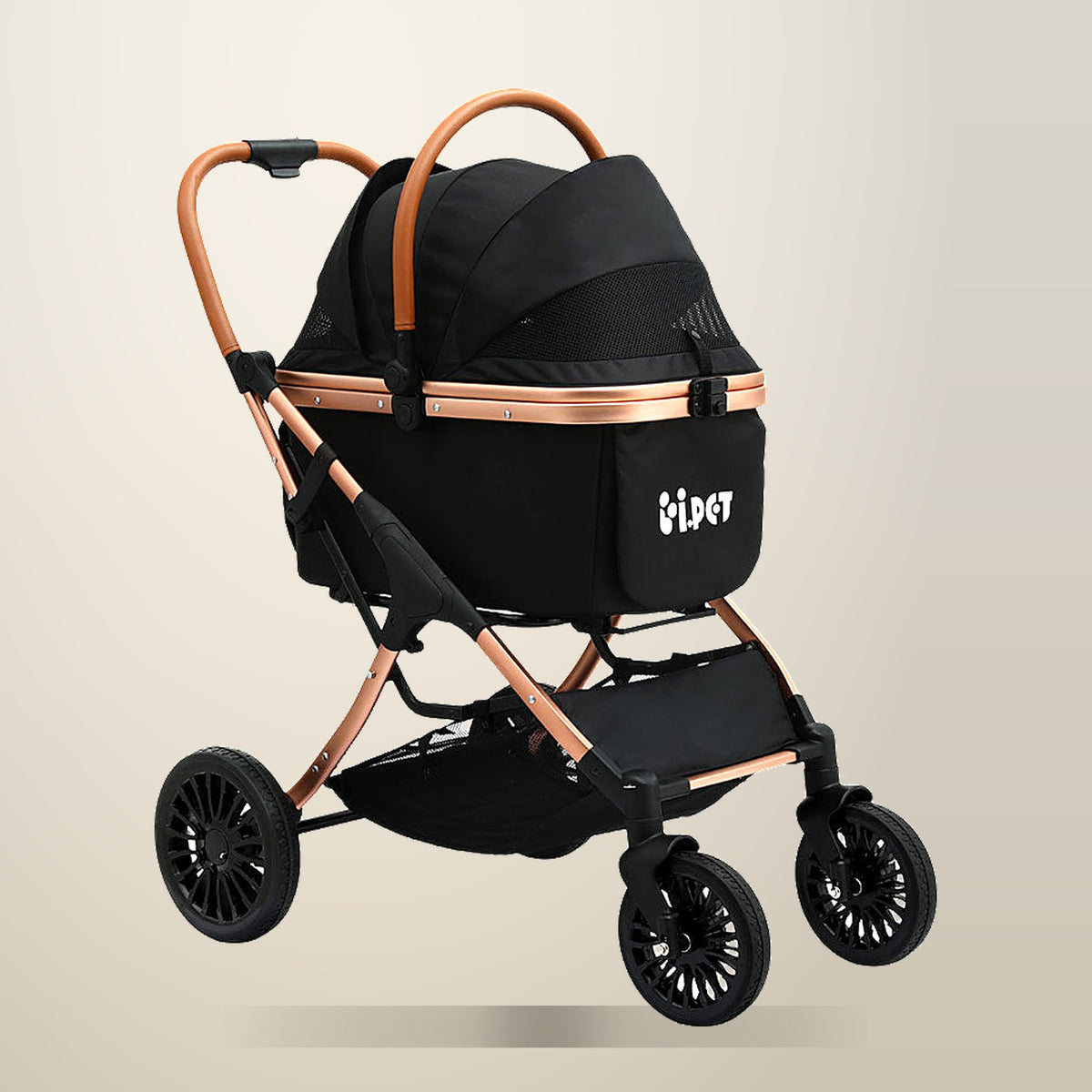 i.Pet Dog Stroller, 4 Wheels, Rose Gold and Black, on a plain cream background
