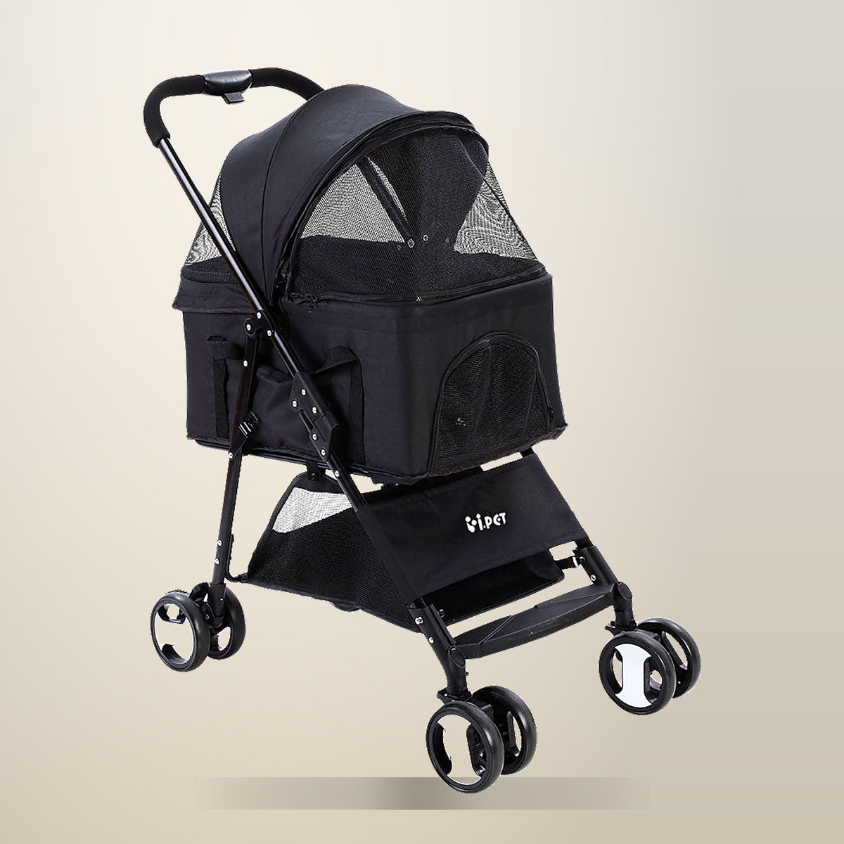 i.Pet Dog and Cat Stroller, 4 Wheels, Black, on a plain cream background