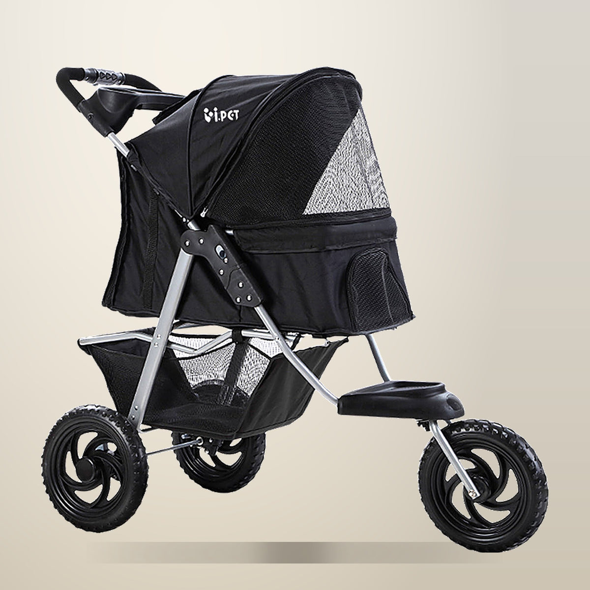 i.Pet Dog and Cat Stroller, 3 Wheels, Black, on a plain cream background