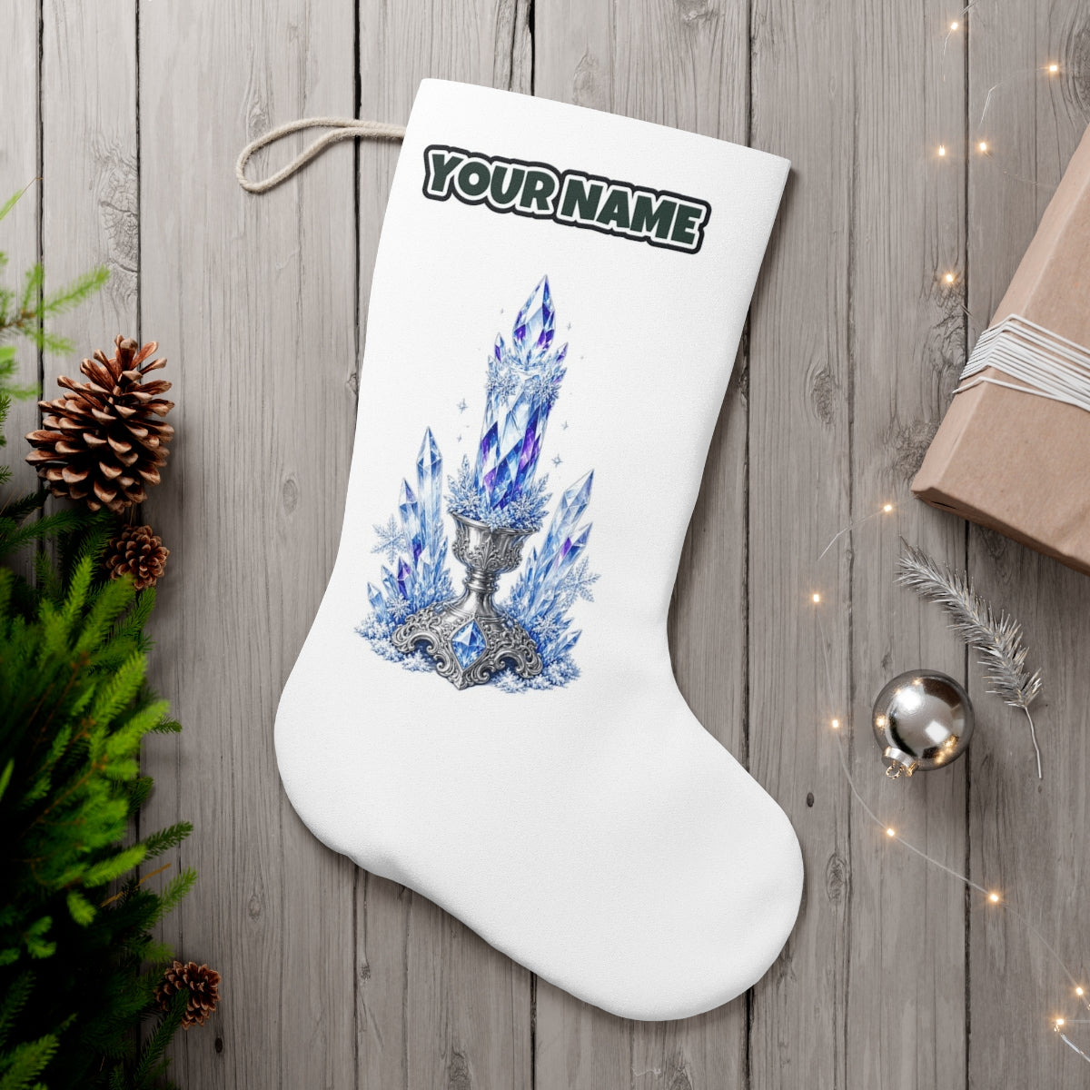 Ice Crystal Candle personalised Christmas stocking, white, with the name across the top