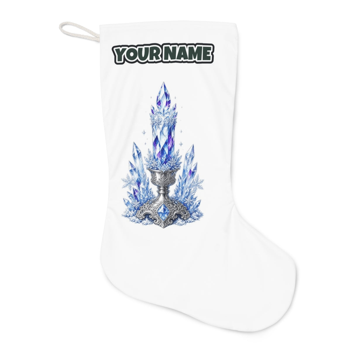 Ice Crystal Candle Christmas stocking laid flat, showing the full print