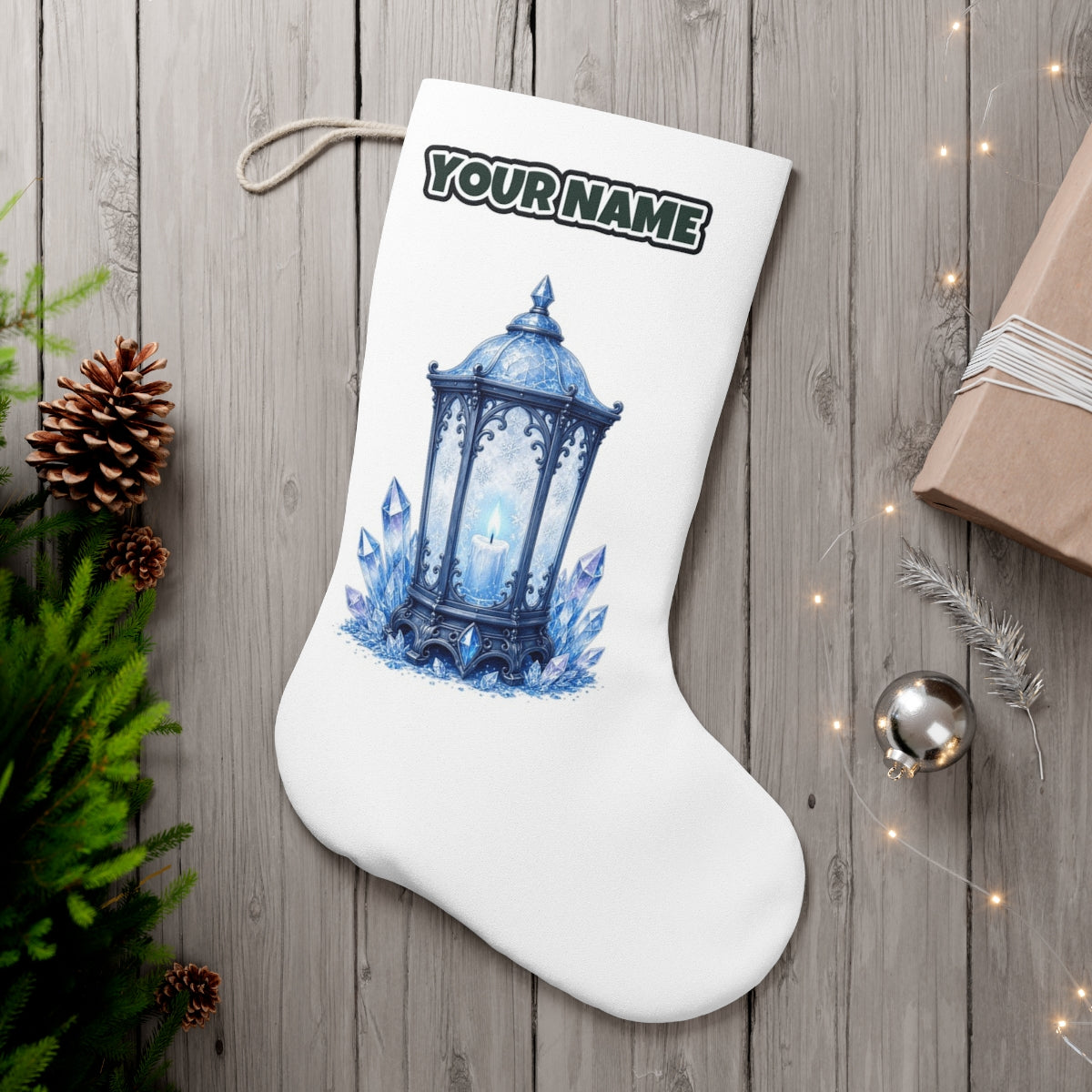 Ice Crystal Lantern personalised Christmas stocking, white, with the name across the top