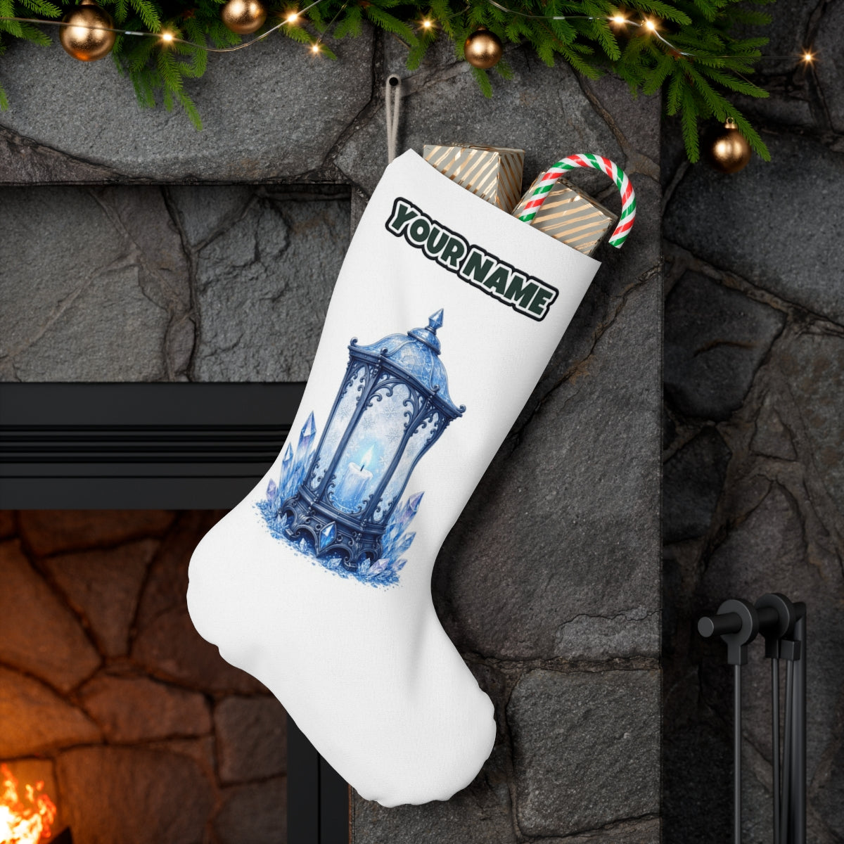 Ice Crystal Lantern personalised Christmas stocking hanging on a mantel