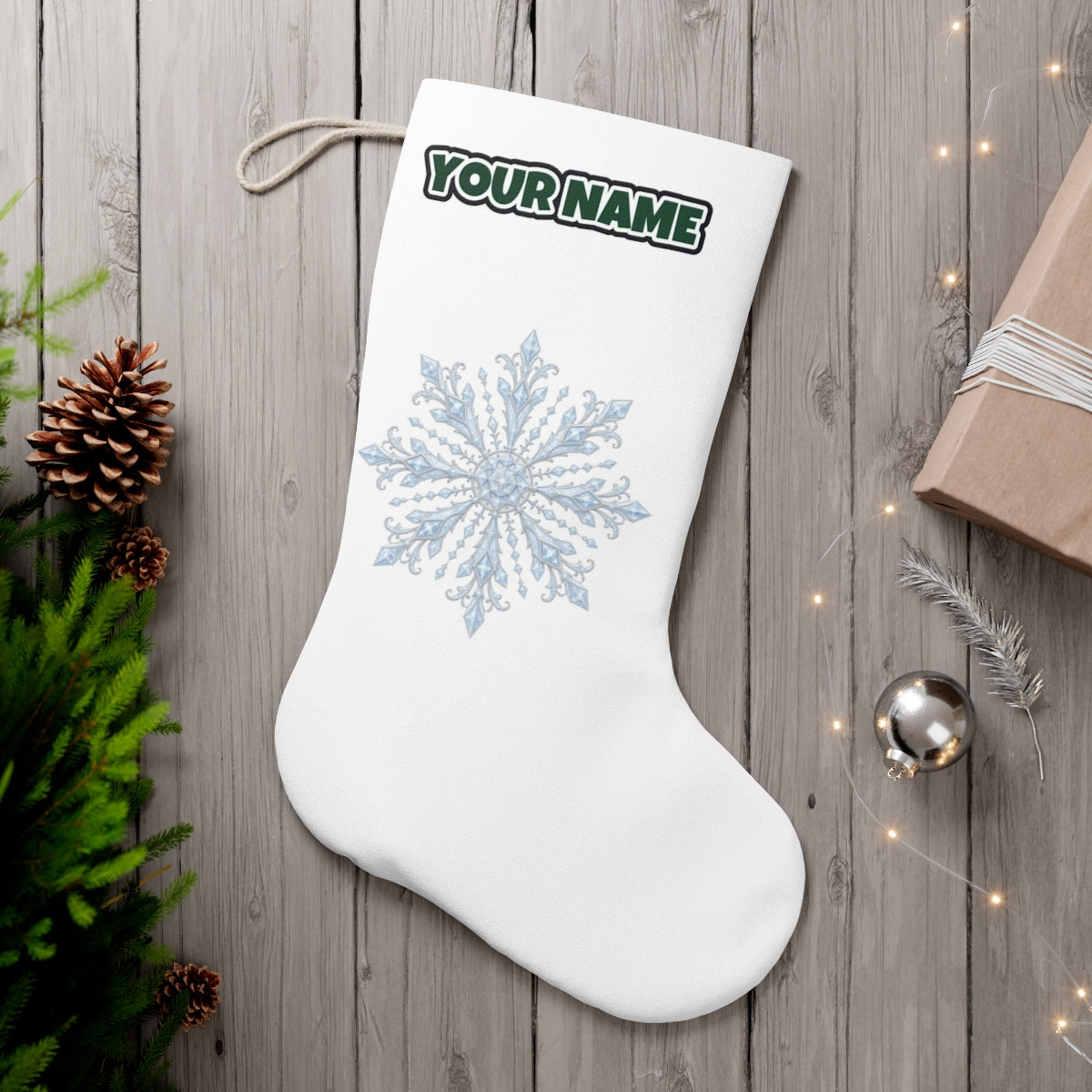 Ice Crystal Snowflake personalised Christmas stocking, white, with the name across the top