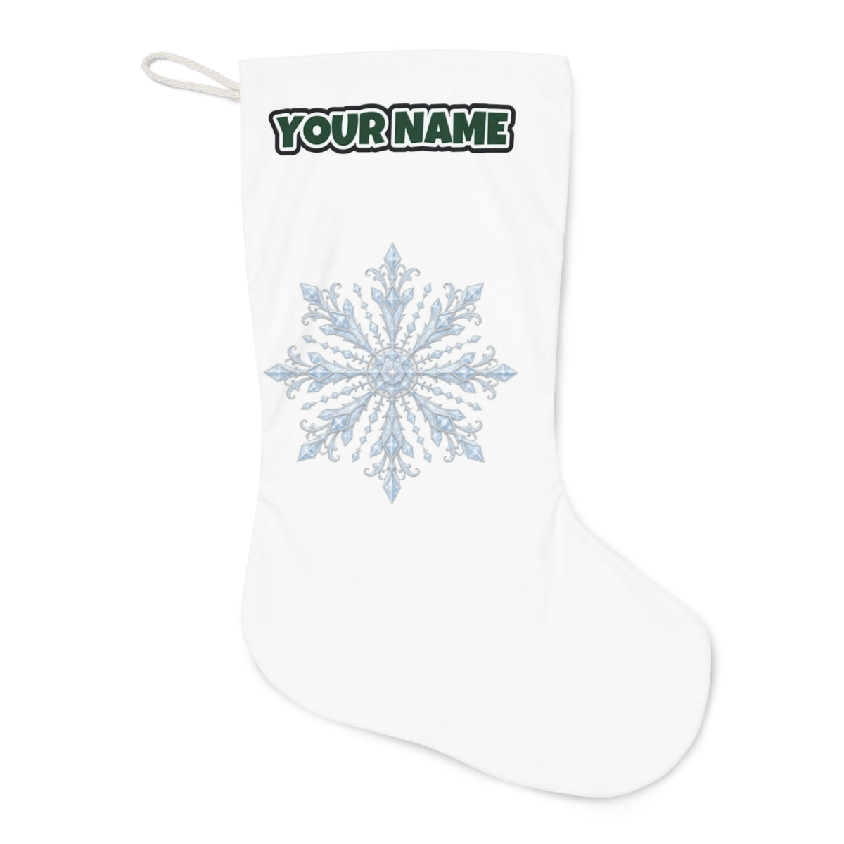 Ice Crystal Snowflake Christmas stocking laid flat, showing the full print