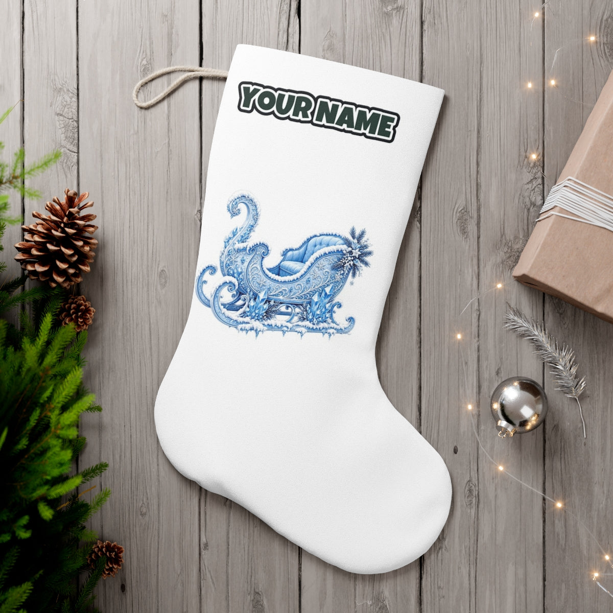 Ice Crystal Winter Sleigh personalised Christmas stocking, white, with the name across the top