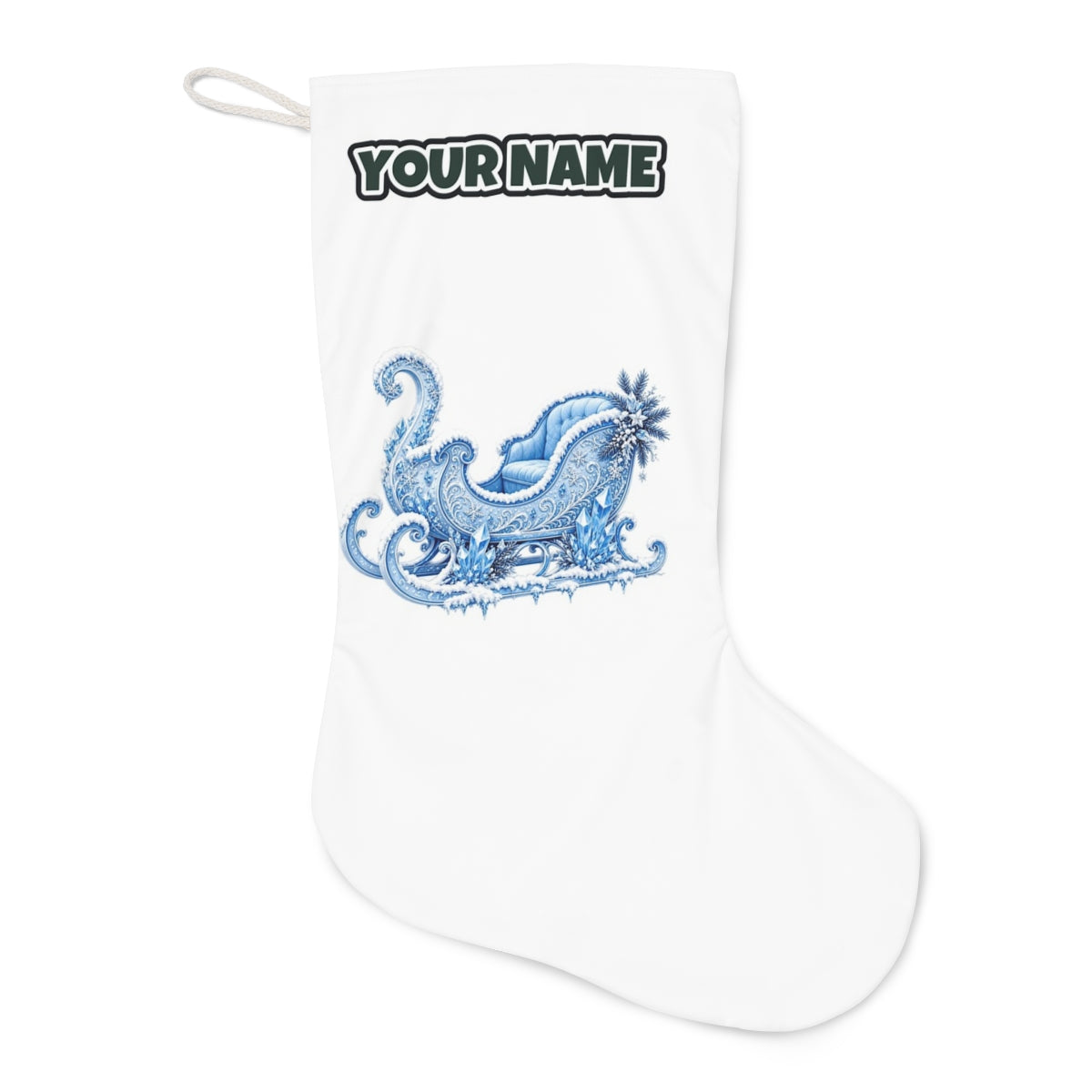Ice Crystal Winter Sleigh Christmas stocking laid flat, showing the full print