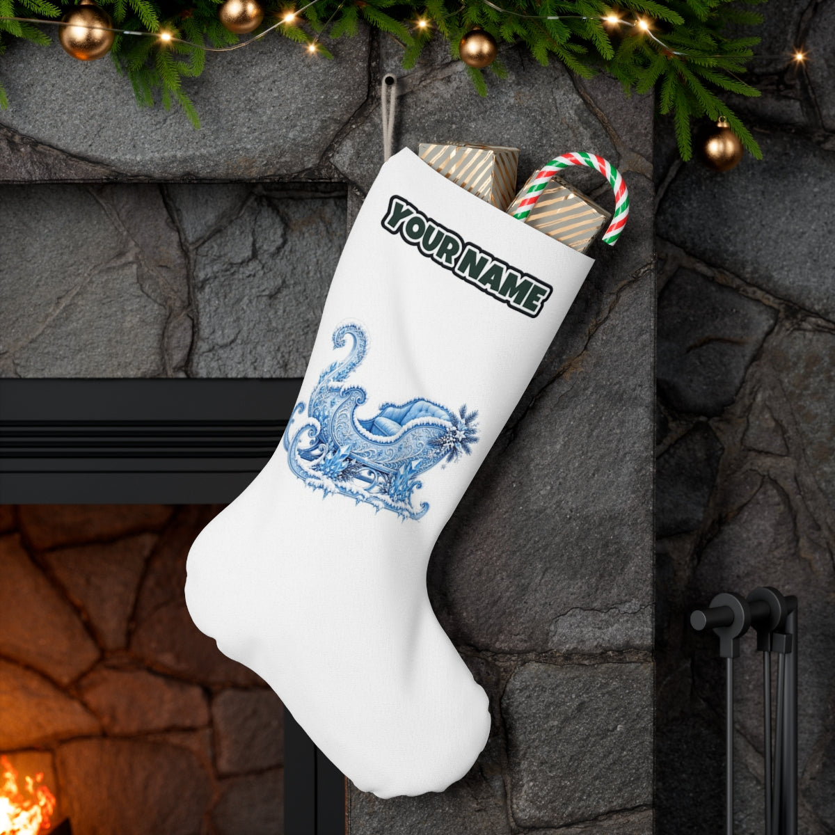 Ice Crystal Winter Sleigh personalised Christmas stocking hanging on a mantel