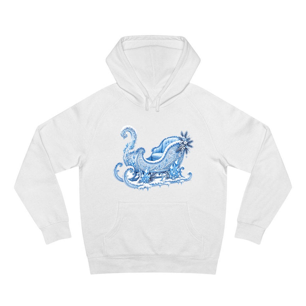 Ice Crystal Winter Sleigh personalised Christmas hoodie in white