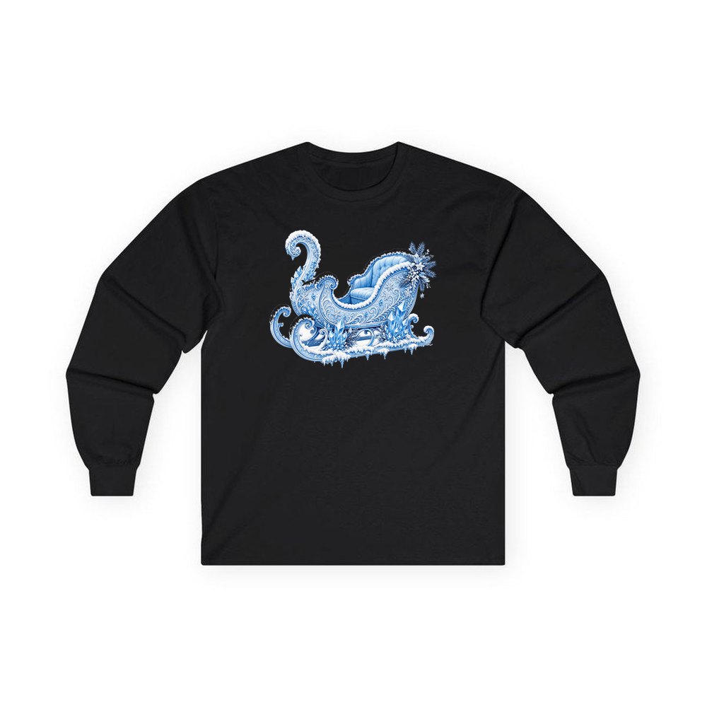 Ice Crystal Winter Sleigh personalised long sleeve Christmas T-shirt in black