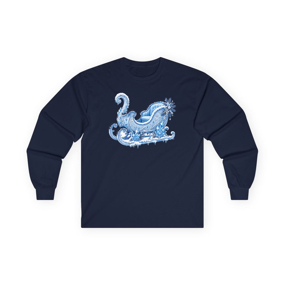 Ice Crystal Winter Sleigh personalised long sleeve Christmas T-shirt in navy
