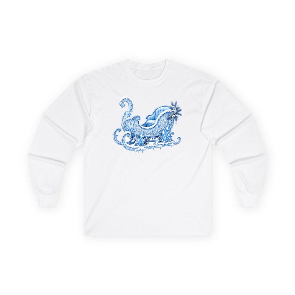 Ice Crystal Winter Sleigh personalised long sleeve Christmas T-shirt in white
