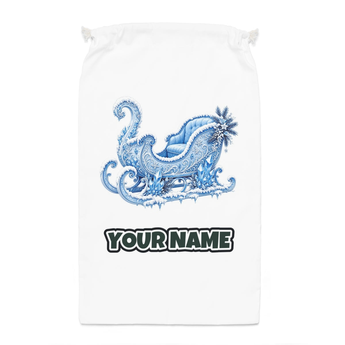 Ice Crystal Winter Sleigh Santa sack laid flat, showing the full print