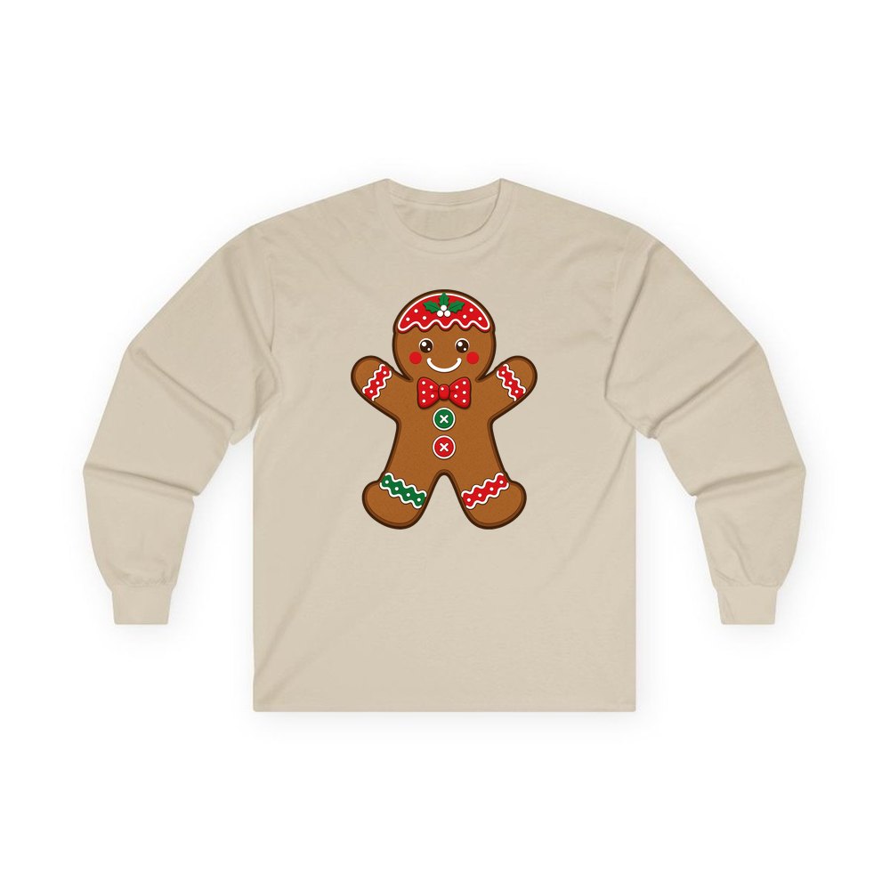 Iced Gingerbread Man Biscuit personalised long sleeve Christmas T-shirt in sand