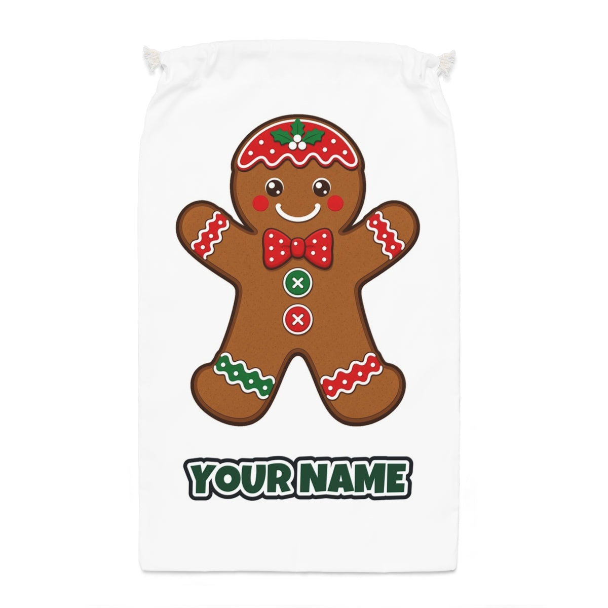 Iced Gingerbread Man Biscuit Santa sack laid flat, showing the full print