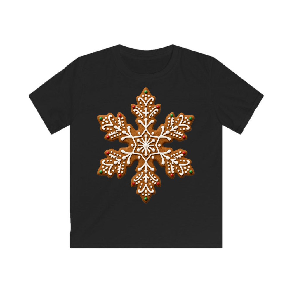 Iced Gingerbread Snowflake Biscuit personalised kids Christmas tee in black