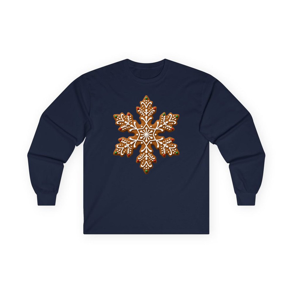 Iced Gingerbread Snowflake Biscuit personalised long sleeve Christmas T-shirt in navy