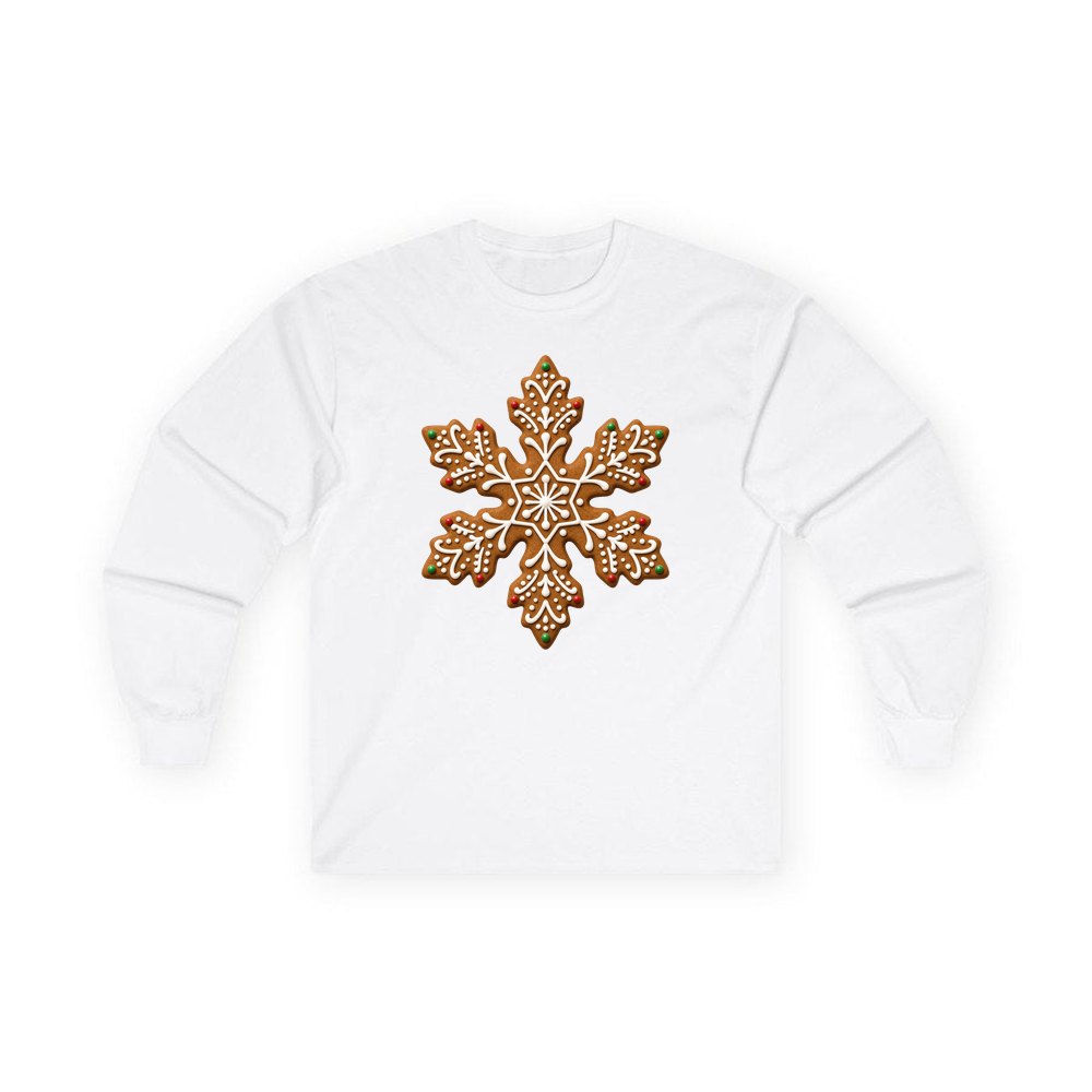 Iced Gingerbread Snowflake Biscuit personalised long sleeve Christmas T-shirt in white